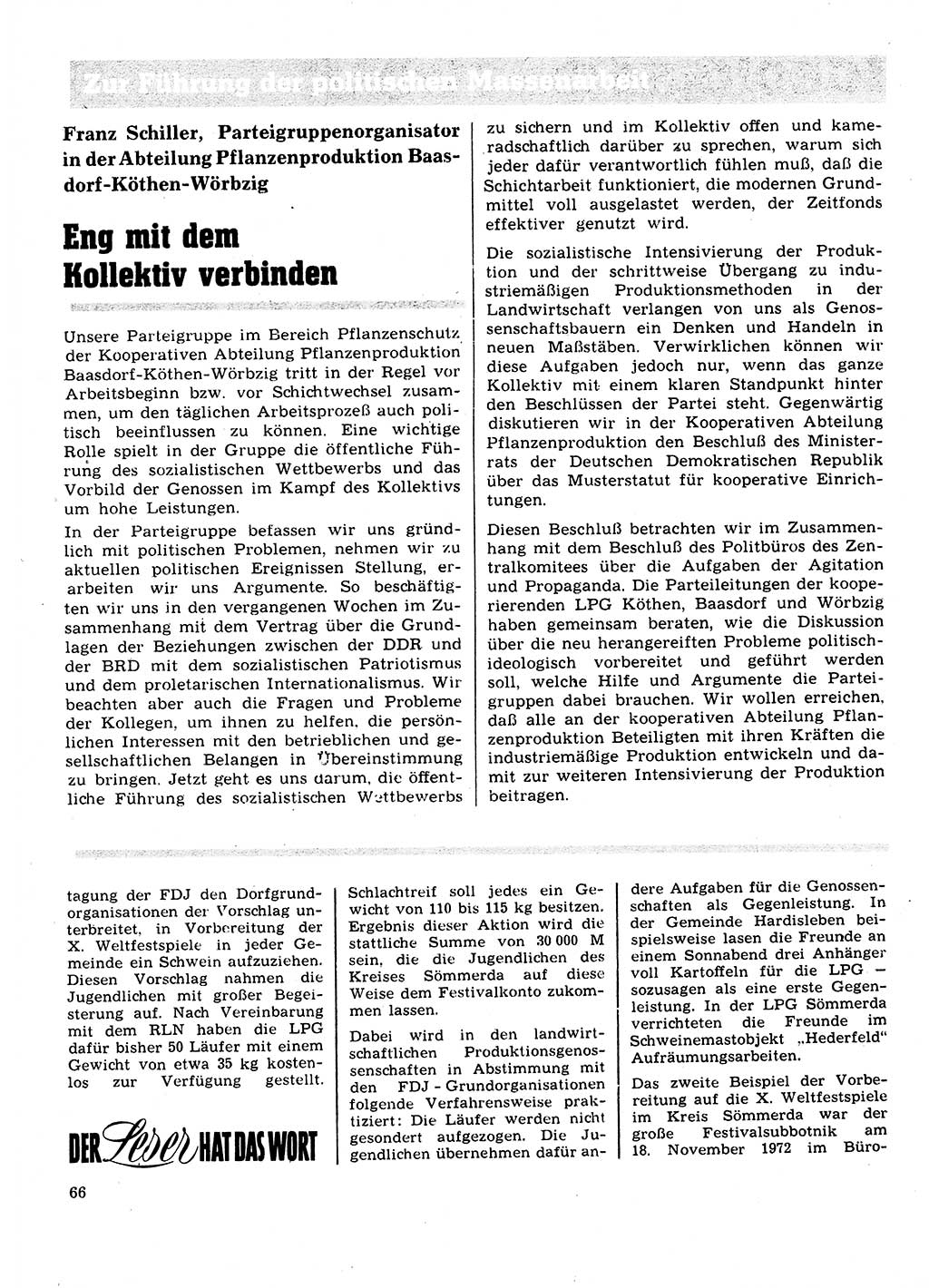 Neuer Weg (NW), Organ des Zentralkomitees (ZK) der SED (Sozialistische Einheitspartei Deutschlands) für Fragen des Parteilebens, 28. Jahrgang [Deutsche Demokratische Republik (DDR)] 1973, Seite 66 (NW ZK SED DDR 1973, S. 66)