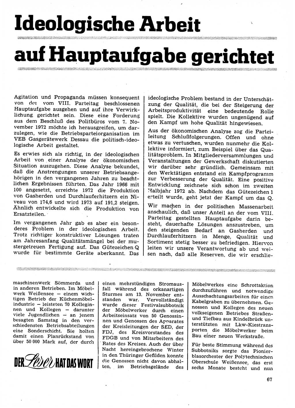 Neuer Weg (NW), Organ des Zentralkomitees (ZK) der SED (Sozialistische Einheitspartei Deutschlands) für Fragen des Parteilebens, 28. Jahrgang [Deutsche Demokratische Republik (DDR)] 1973, Seite 67 (NW ZK SED DDR 1973, S. 67)