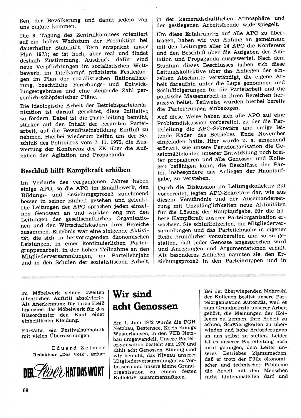 Neuer Weg (NW), Organ des Zentralkomitees (ZK) der SED (Sozialistische Einheitspartei Deutschlands) für Fragen des Parteilebens, 28. Jahrgang [Deutsche Demokratische Republik (DDR)] 1973, Seite 68 (NW ZK SED DDR 1973, S. 68)