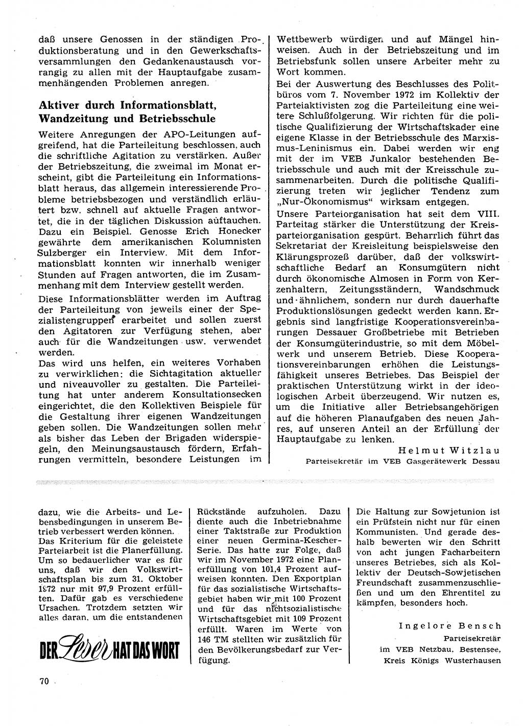 Neuer Weg (NW), Organ des Zentralkomitees (ZK) der SED (Sozialistische Einheitspartei Deutschlands) für Fragen des Parteilebens, 28. Jahrgang [Deutsche Demokratische Republik (DDR)] 1973, Seite 70 (NW ZK SED DDR 1973, S. 70)