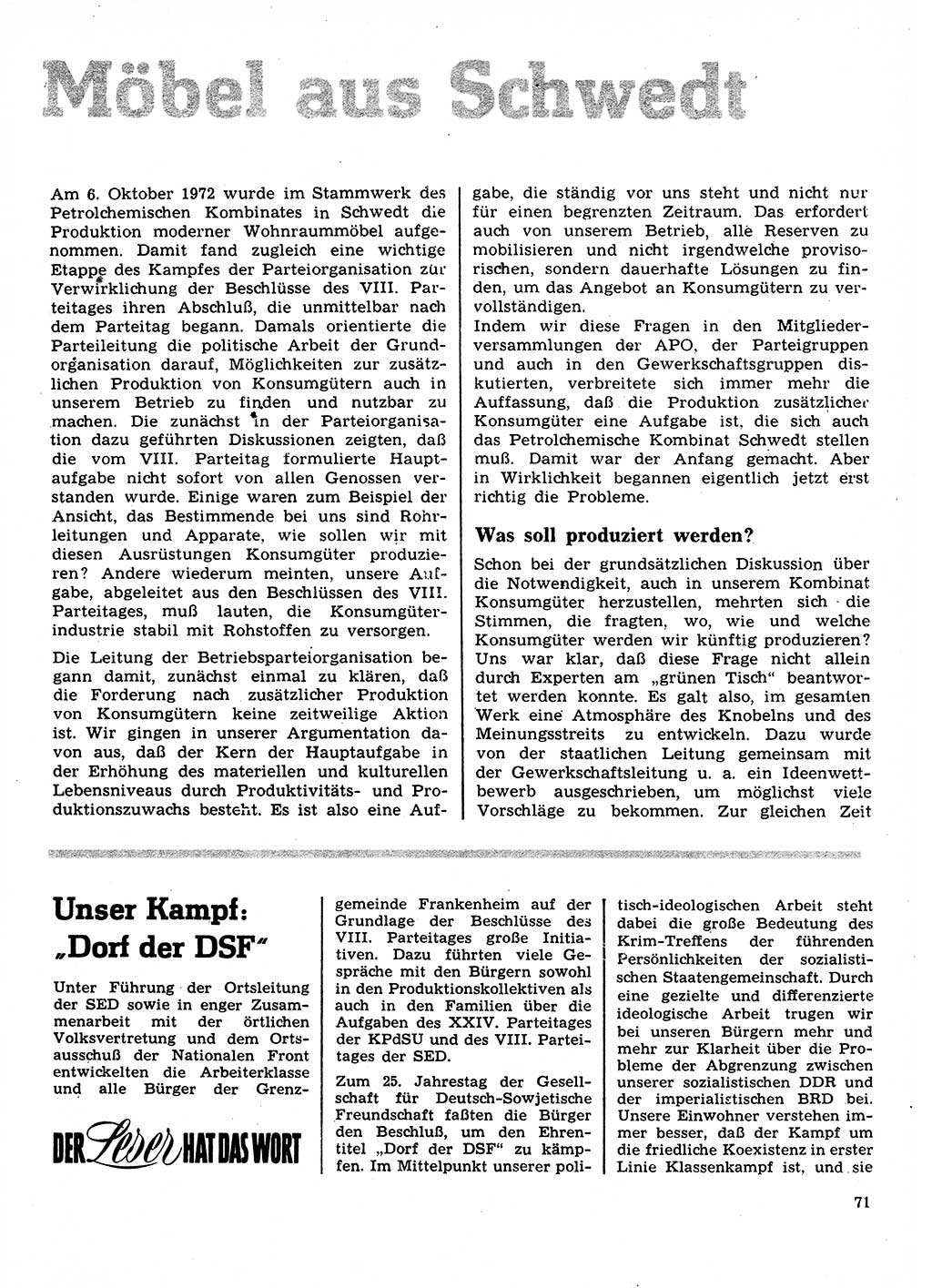 Neuer Weg (NW), Organ des Zentralkomitees (ZK) der SED (Sozialistische Einheitspartei Deutschlands) für Fragen des Parteilebens, 28. Jahrgang [Deutsche Demokratische Republik (DDR)] 1973, Seite 71 (NW ZK SED DDR 1973, S. 71)