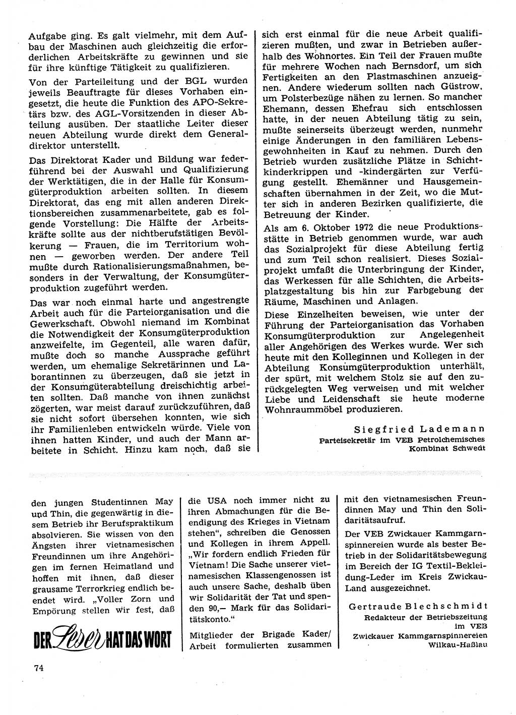 Neuer Weg (NW), Organ des Zentralkomitees (ZK) der SED (Sozialistische Einheitspartei Deutschlands) für Fragen des Parteilebens, 28. Jahrgang [Deutsche Demokratische Republik (DDR)] 1973, Seite 74 (NW ZK SED DDR 1973, S. 74)