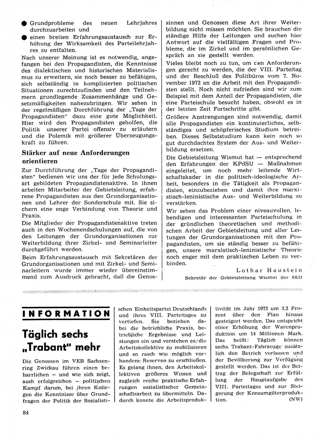 Neuer Weg (NW), Organ des Zentralkomitees (ZK) der SED (Sozialistische Einheitspartei Deutschlands) für Fragen des Parteilebens, 28. Jahrgang [Deutsche Demokratische Republik (DDR)] 1973, Seite 84 (NW ZK SED DDR 1973, S. 84)