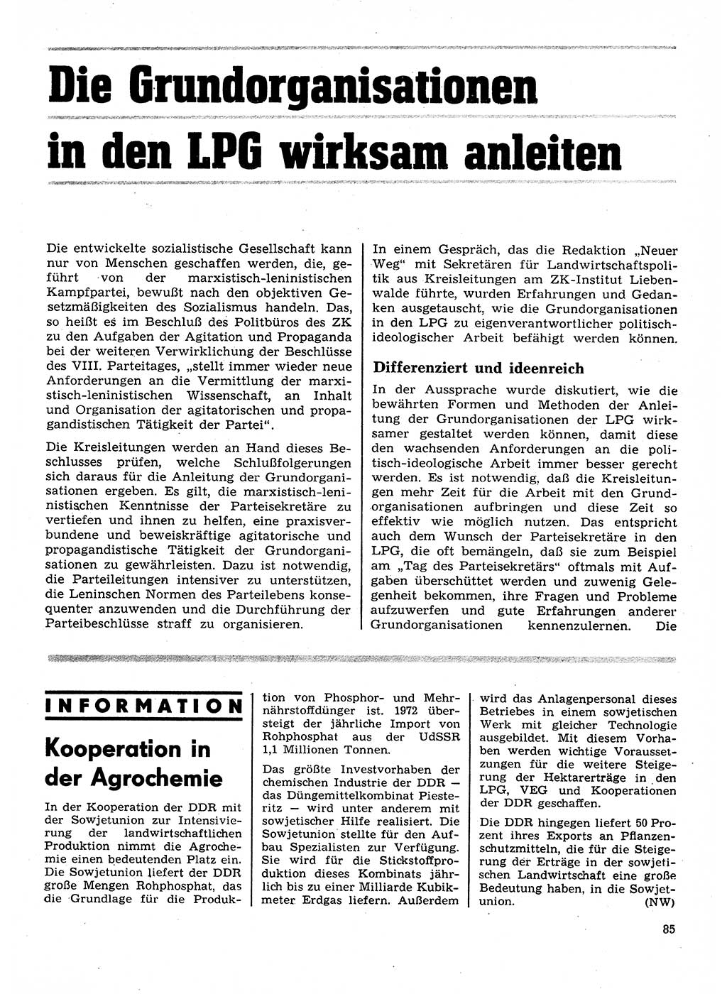Neuer Weg (NW), Organ des Zentralkomitees (ZK) der SED (Sozialistische Einheitspartei Deutschlands) für Fragen des Parteilebens, 28. Jahrgang [Deutsche Demokratische Republik (DDR)] 1973, Seite 85 (NW ZK SED DDR 1973, S. 85)