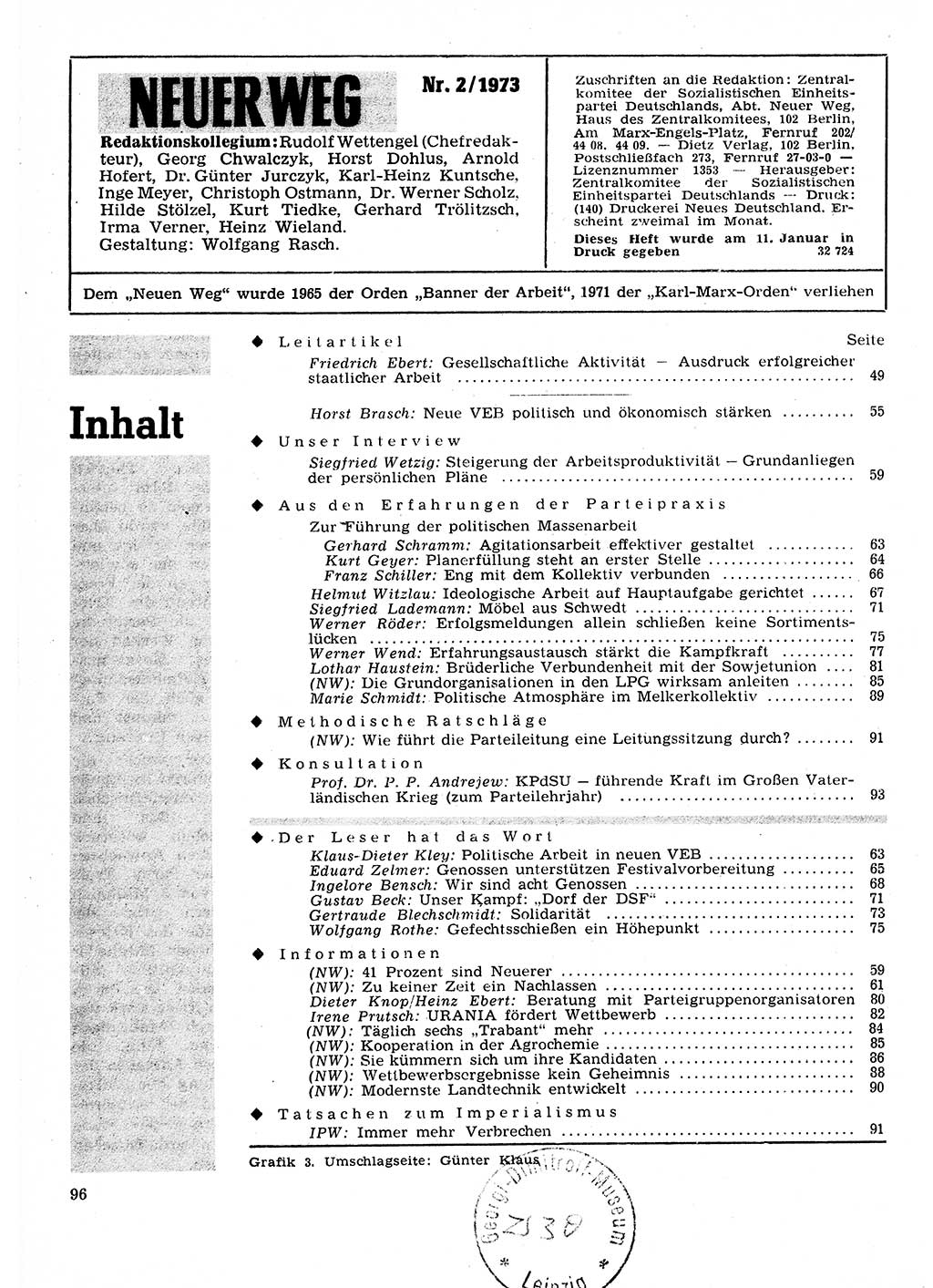 Neuer Weg (NW), Organ des Zentralkomitees (ZK) der SED (Sozialistische Einheitspartei Deutschlands) für Fragen des Parteilebens, 28. Jahrgang [Deutsche Demokratische Republik (DDR)] 1973, Seite 96 (NW ZK SED DDR 1973, S. 96)