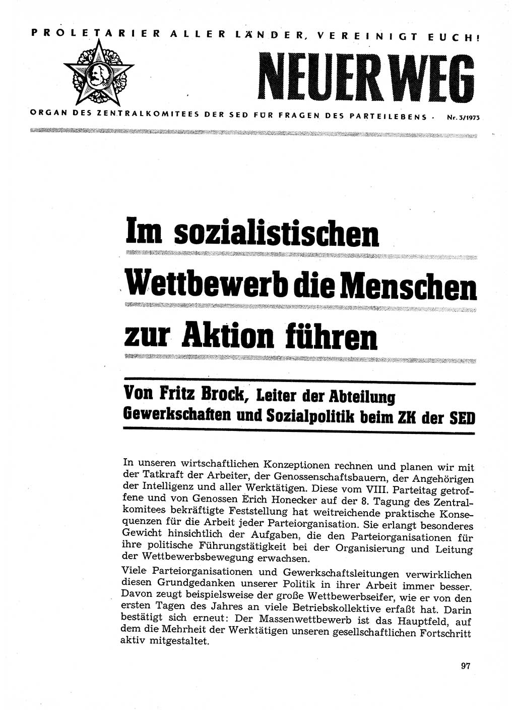 Neuer Weg (NW), Organ des Zentralkomitees (ZK) der SED (Sozialistische Einheitspartei Deutschlands) für Fragen des Parteilebens, 28. Jahrgang [Deutsche Demokratische Republik (DDR)] 1973, Seite 97 (NW ZK SED DDR 1973, S. 97)