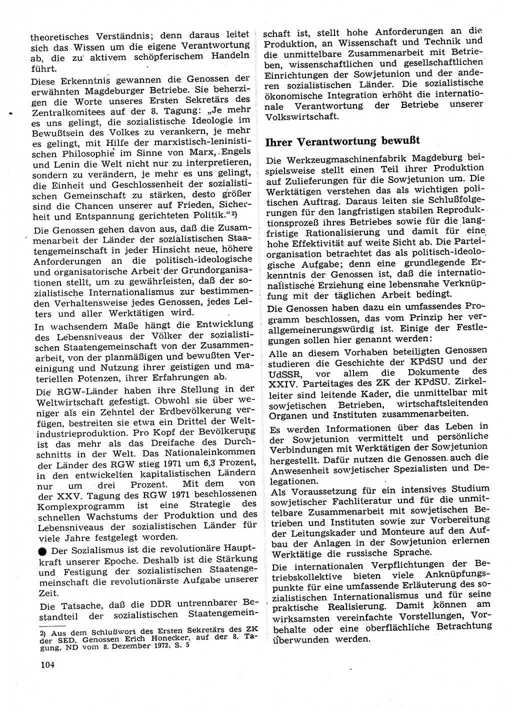 Neuer Weg (NW), Organ des Zentralkomitees (ZK) der SED (Sozialistische Einheitspartei Deutschlands) fÃ¼r Fragen des Parteilebens, 28. Jahrgang [Deutsche Demokratische Republik (DDR)] 1973, Seite 104 (NW ZK SED DDR 1973, S. 104)