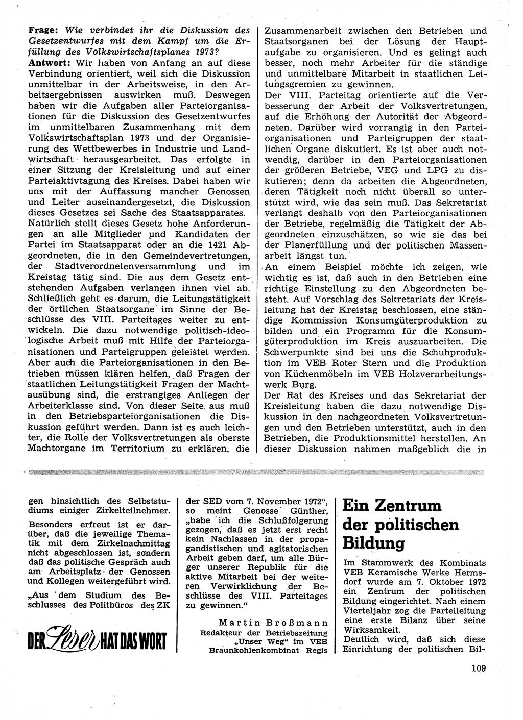 Neuer Weg (NW), Organ des Zentralkomitees (ZK) der SED (Sozialistische Einheitspartei Deutschlands) für Fragen des Parteilebens, 28. Jahrgang [Deutsche Demokratische Republik (DDR)] 1973, Seite 109 (NW ZK SED DDR 1973, S. 109)