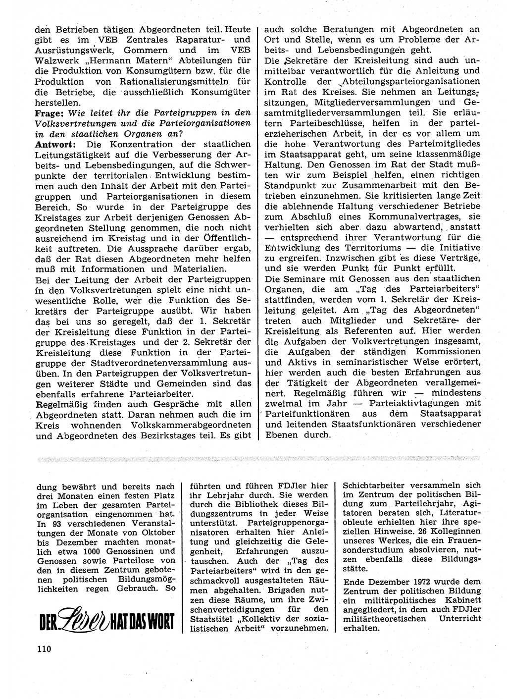 Neuer Weg (NW), Organ des Zentralkomitees (ZK) der SED (Sozialistische Einheitspartei Deutschlands) für Fragen des Parteilebens, 28. Jahrgang [Deutsche Demokratische Republik (DDR)] 1973, Seite 110 (NW ZK SED DDR 1973, S. 110)