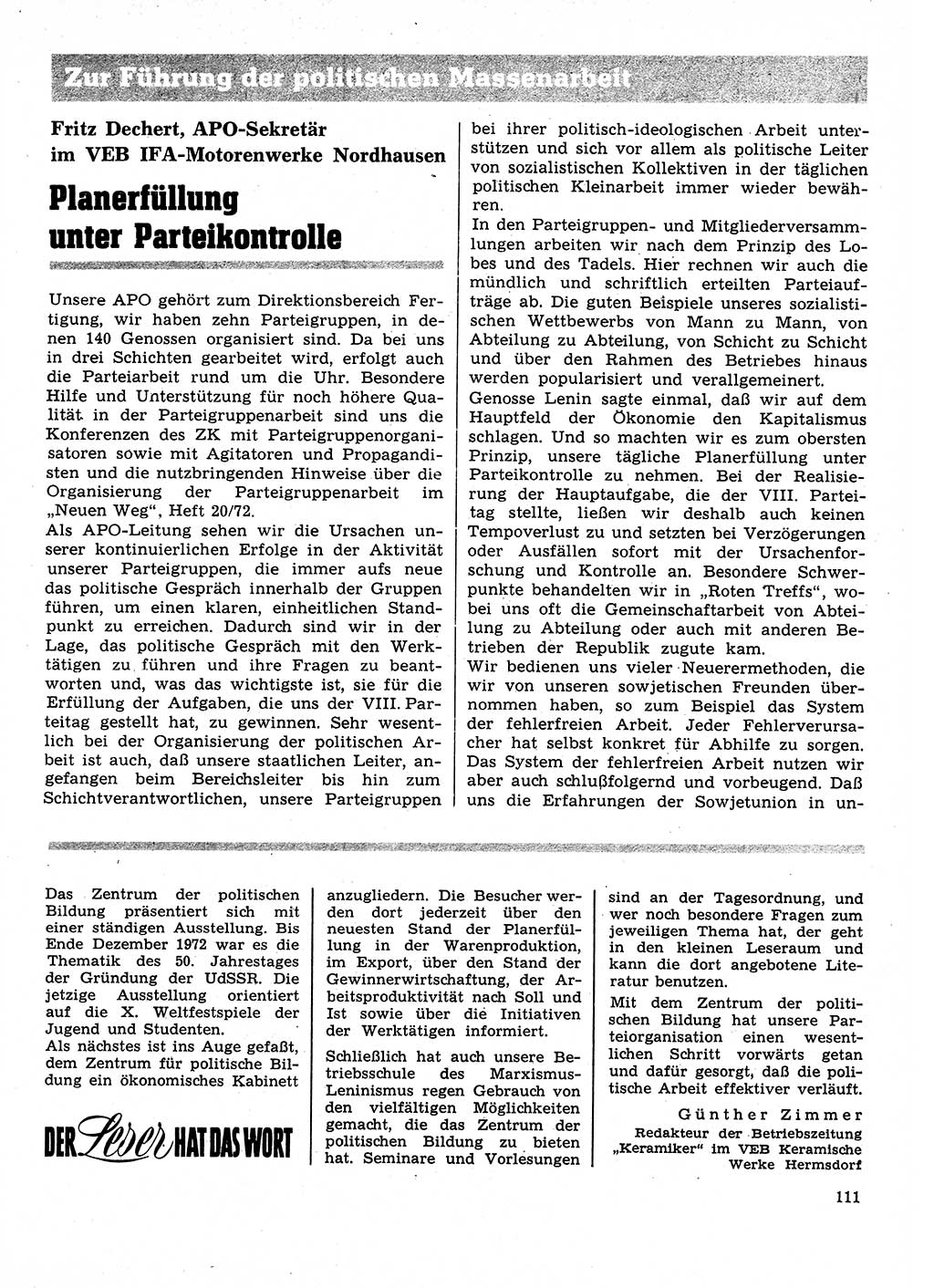 Neuer Weg (NW), Organ des Zentralkomitees (ZK) der SED (Sozialistische Einheitspartei Deutschlands) für Fragen des Parteilebens, 28. Jahrgang [Deutsche Demokratische Republik (DDR)] 1973, Seite 111 (NW ZK SED DDR 1973, S. 111)