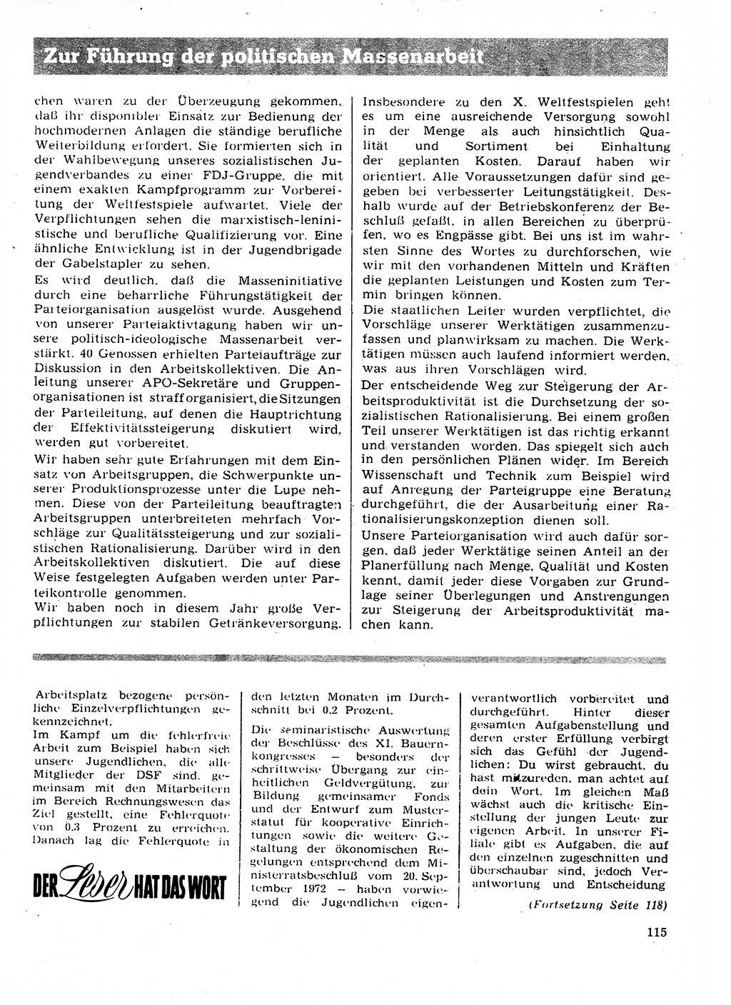 Neuer Weg (NW), Organ des Zentralkomitees (ZK) der SED (Sozialistische Einheitspartei Deutschlands) für Fragen des Parteilebens, 28. Jahrgang [Deutsche Demokratische Republik (DDR)] 1973, Seite 115 (NW ZK SED DDR 1973, S. 115)