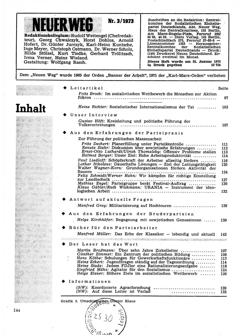 Neuer Weg (NW), Organ des Zentralkomitees (ZK) der SED (Sozialistische Einheitspartei Deutschlands) für Fragen des Parteilebens, 28. Jahrgang [Deutsche Demokratische Republik (DDR)] 1973, Seite 144 (NW ZK SED DDR 1973, S. 144)