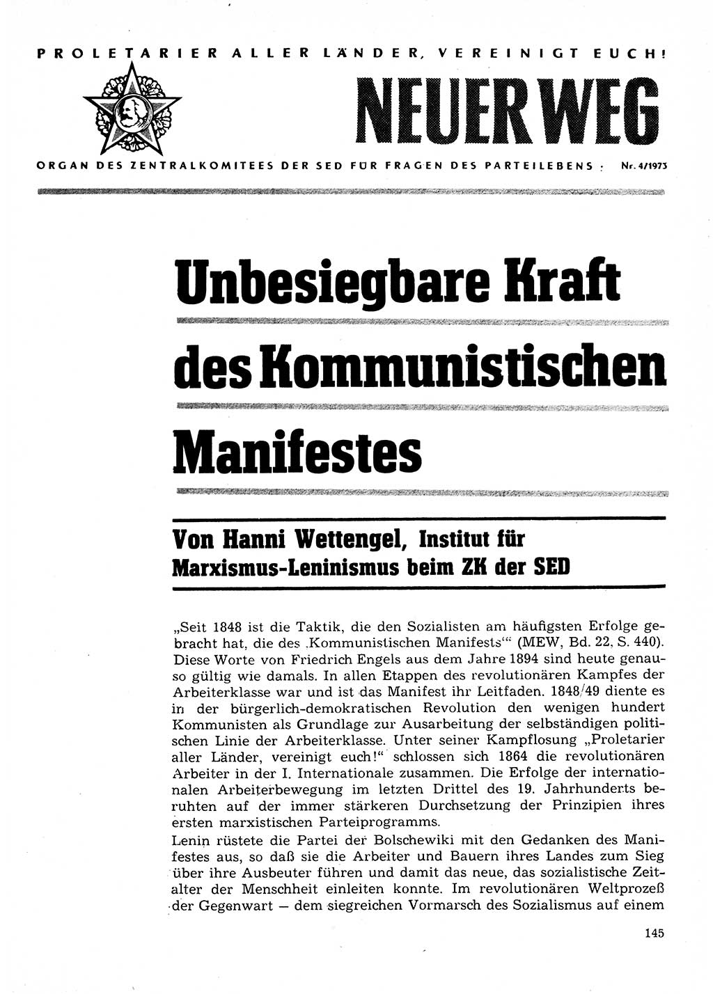 Neuer Weg (NW), Organ des Zentralkomitees (ZK) der SED (Sozialistische Einheitspartei Deutschlands) für Fragen des Parteilebens, 28. Jahrgang [Deutsche Demokratische Republik (DDR)] 1973, Seite 145 (NW ZK SED DDR 1973, S. 145)