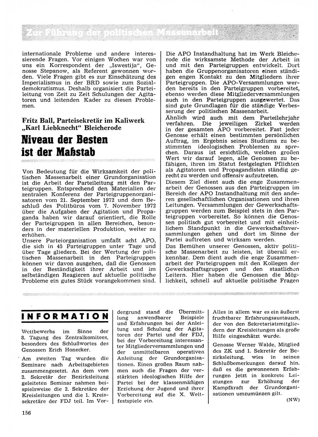 Neuer Weg (NW), Organ des Zentralkomitees (ZK) der SED (Sozialistische Einheitspartei Deutschlands) für Fragen des Parteilebens, 28. Jahrgang [Deutsche Demokratische Republik (DDR)] 1973, Seite 156 (NW ZK SED DDR 1973, S. 156)