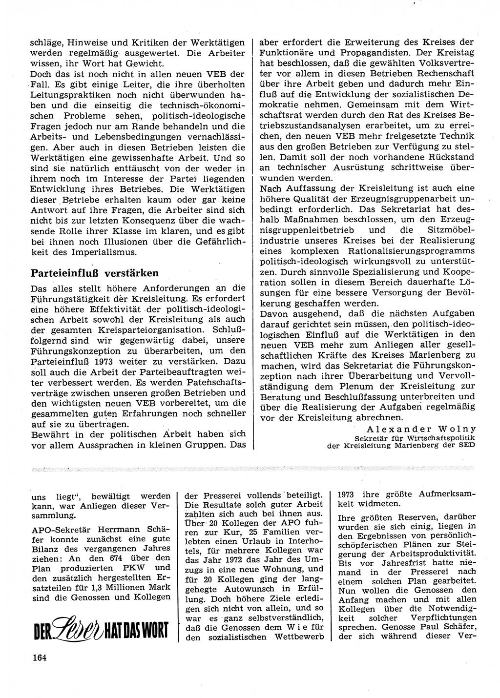 Neuer Weg (NW), Organ des Zentralkomitees (ZK) der SED (Sozialistische Einheitspartei Deutschlands) für Fragen des Parteilebens, 28. Jahrgang [Deutsche Demokratische Republik (DDR)] 1973, Seite 164 (NW ZK SED DDR 1973, S. 164)