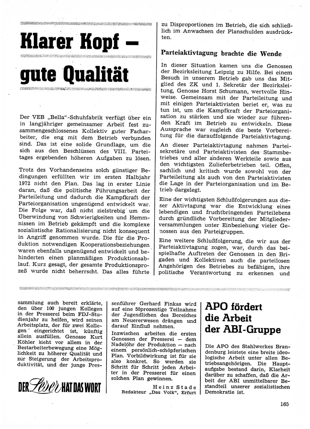 Neuer Weg (NW), Organ des Zentralkomitees (ZK) der SED (Sozialistische Einheitspartei Deutschlands) für Fragen des Parteilebens, 28. Jahrgang [Deutsche Demokratische Republik (DDR)] 1973, Seite 165 (NW ZK SED DDR 1973, S. 165)