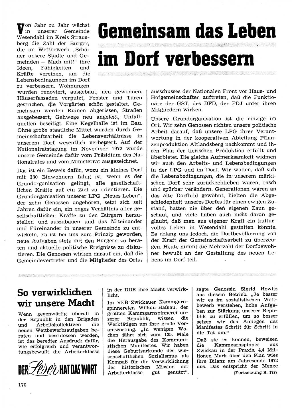 Neuer Weg (NW), Organ des Zentralkomitees (ZK) der SED (Sozialistische Einheitspartei Deutschlands) für Fragen des Parteilebens, 28. Jahrgang [Deutsche Demokratische Republik (DDR)] 1973, Seite 170 (NW ZK SED DDR 1973, S. 170)