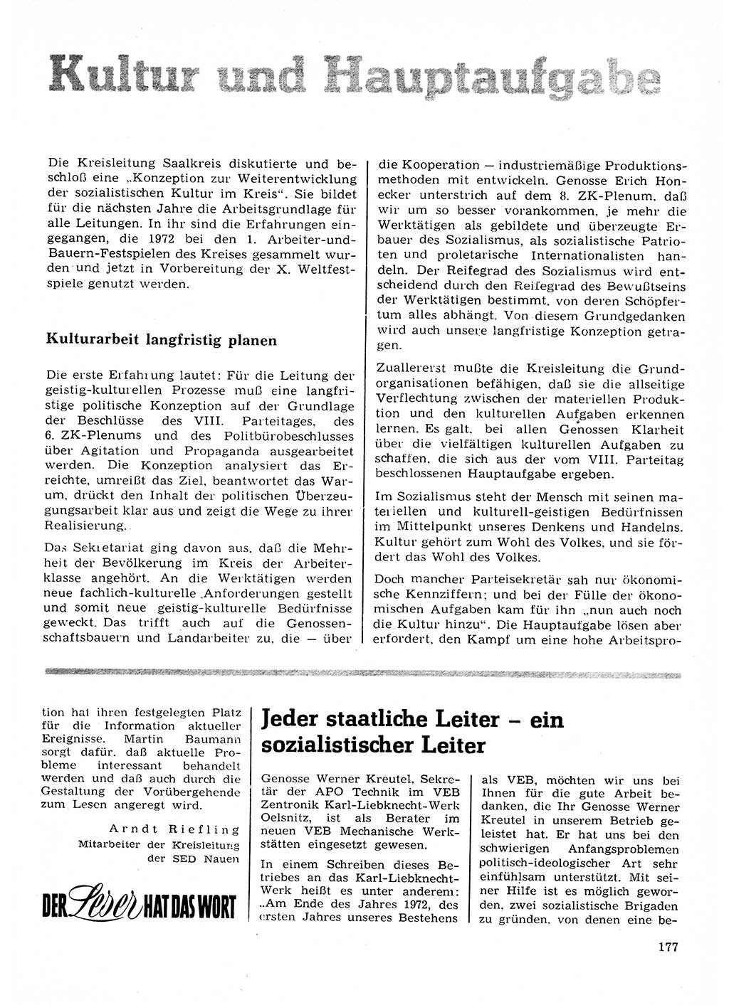 Neuer Weg (NW), Organ des Zentralkomitees (ZK) der SED (Sozialistische Einheitspartei Deutschlands) für Fragen des Parteilebens, 28. Jahrgang [Deutsche Demokratische Republik (DDR)] 1973, Seite 177 (NW ZK SED DDR 1973, S. 177)
