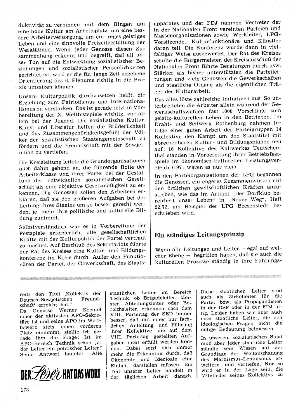 Neuer Weg (NW), Organ des Zentralkomitees (ZK) der SED (Sozialistische Einheitspartei Deutschlands) für Fragen des Parteilebens, 28. Jahrgang [Deutsche Demokratische Republik (DDR)] 1973, Seite 178 (NW ZK SED DDR 1973, S. 178)