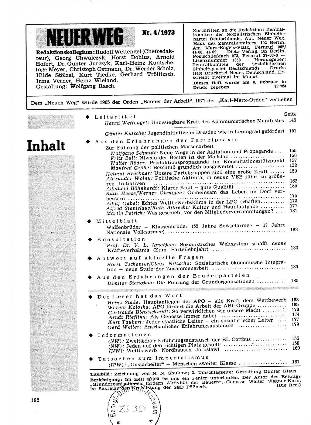 Neuer Weg (NW), Organ des Zentralkomitees (ZK) der SED (Sozialistische Einheitspartei Deutschlands) für Fragen des Parteilebens, 28. Jahrgang [Deutsche Demokratische Republik (DDR)] 1973, Seite 192 (NW ZK SED DDR 1973, S. 192)