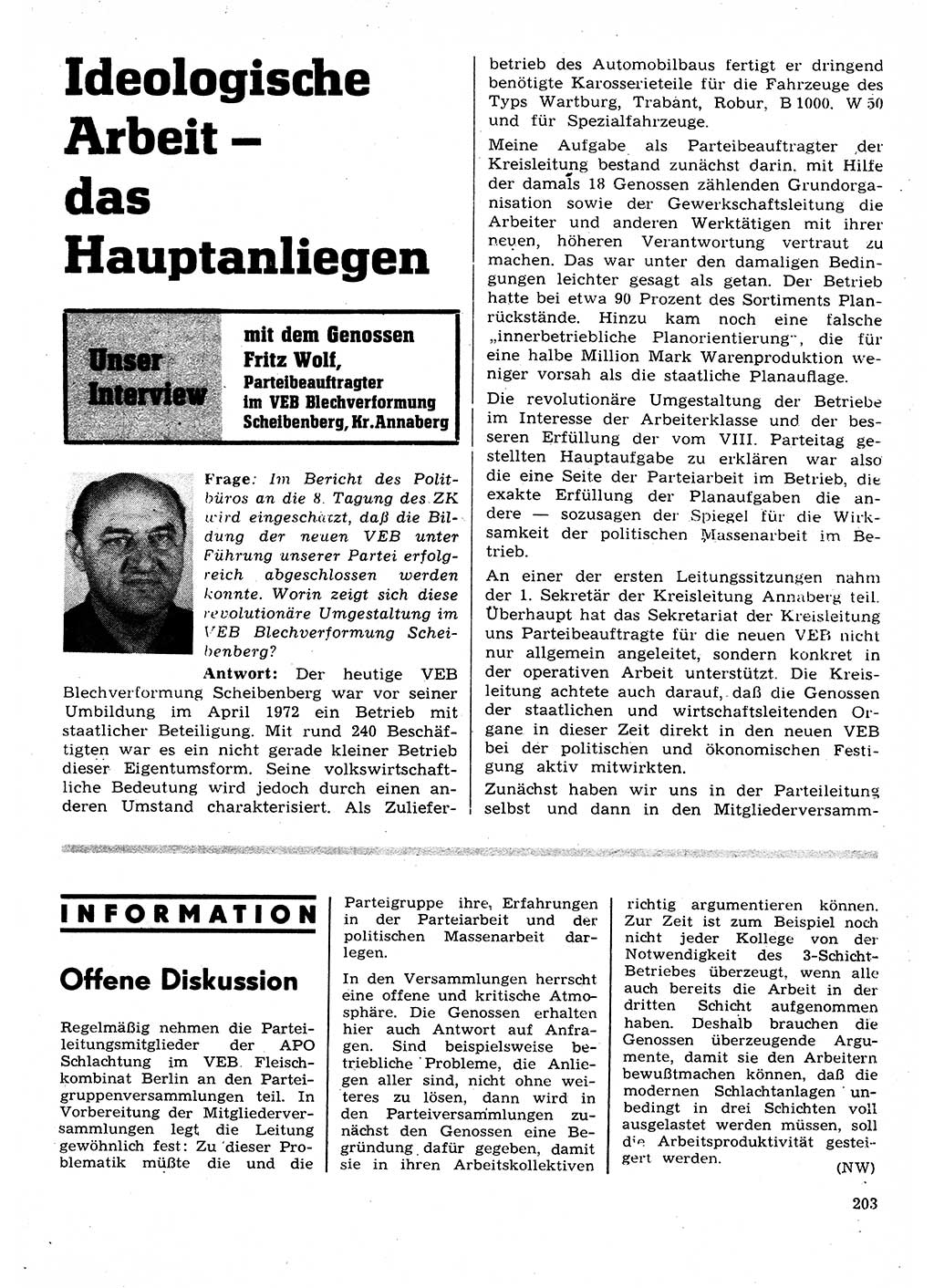 Neuer Weg (NW), Organ des Zentralkomitees (ZK) der SED (Sozialistische Einheitspartei Deutschlands) für Fragen des Parteilebens, 28. Jahrgang [Deutsche Demokratische Republik (DDR)] 1973, Seite 203 (NW ZK SED DDR 1973, S. 203)