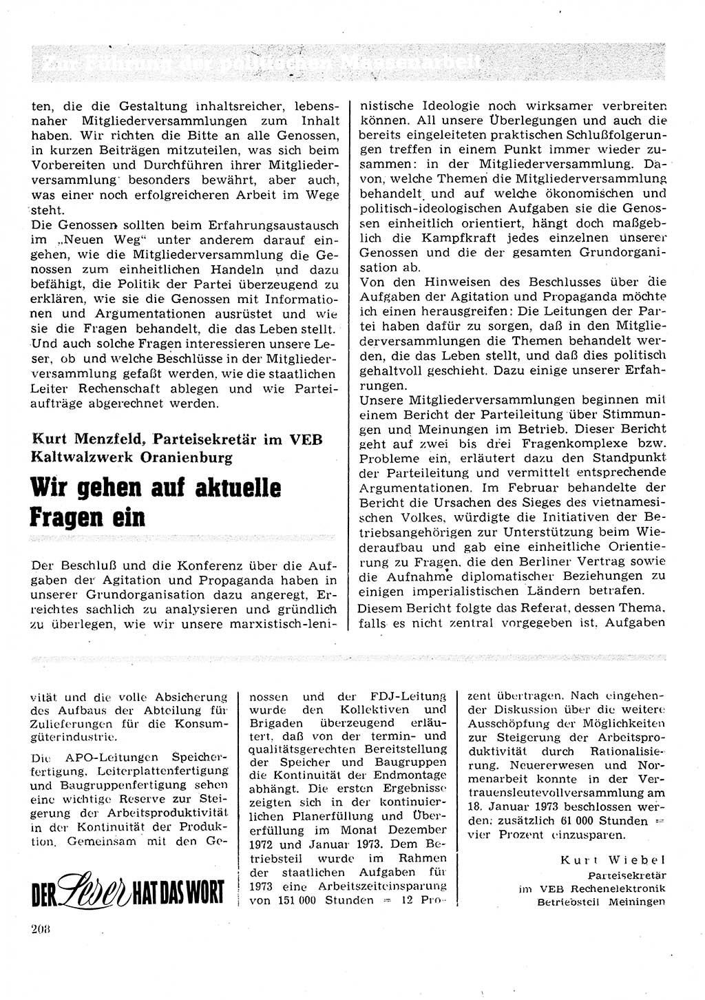 Neuer Weg (NW), Organ des Zentralkomitees (ZK) der SED (Sozialistische Einheitspartei Deutschlands) für Fragen des Parteilebens, 28. Jahrgang [Deutsche Demokratische Republik (DDR)] 1973, Seite 208 (NW ZK SED DDR 1973, S. 208)