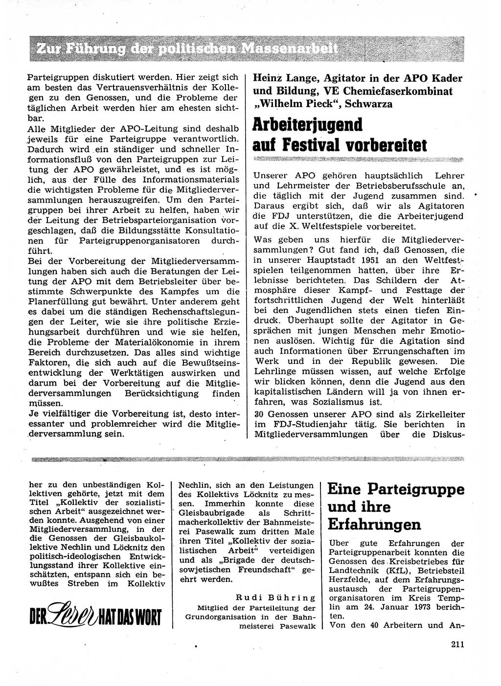 Neuer Weg (NW), Organ des Zentralkomitees (ZK) der SED (Sozialistische Einheitspartei Deutschlands) für Fragen des Parteilebens, 28. Jahrgang [Deutsche Demokratische Republik (DDR)] 1973, Seite 211 (NW ZK SED DDR 1973, S. 211)