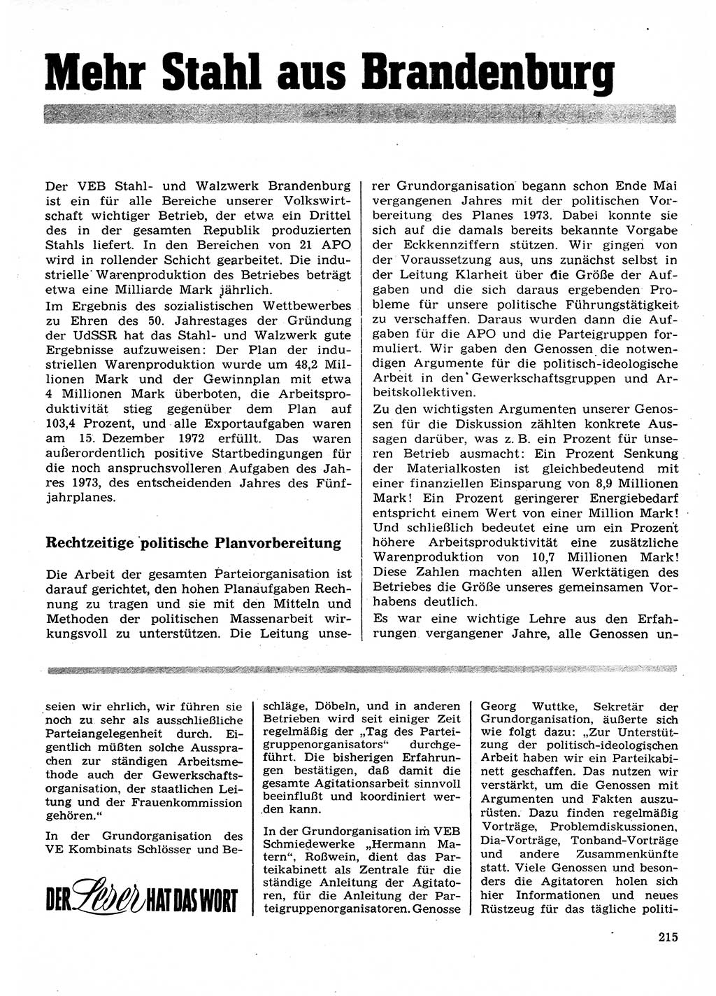 Neuer Weg (NW), Organ des Zentralkomitees (ZK) der SED (Sozialistische Einheitspartei Deutschlands) für Fragen des Parteilebens, 28. Jahrgang [Deutsche Demokratische Republik (DDR)] 1973, Seite 215 (NW ZK SED DDR 1973, S. 215)