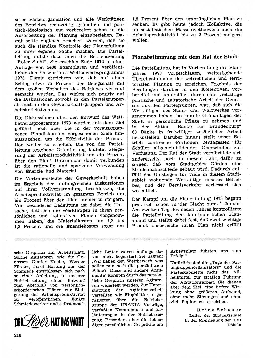 Neuer Weg (NW), Organ des Zentralkomitees (ZK) der SED (Sozialistische Einheitspartei Deutschlands) für Fragen des Parteilebens, 28. Jahrgang [Deutsche Demokratische Republik (DDR)] 1973, Seite 216 (NW ZK SED DDR 1973, S. 216)