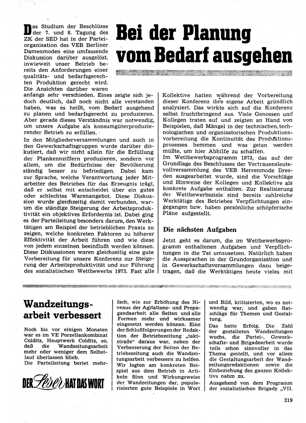 Neuer Weg (NW), Organ des Zentralkomitees (ZK) der SED (Sozialistische Einheitspartei Deutschlands) für Fragen des Parteilebens, 28. Jahrgang [Deutsche Demokratische Republik (DDR)] 1973, Seite 219 (NW ZK SED DDR 1973, S. 219)