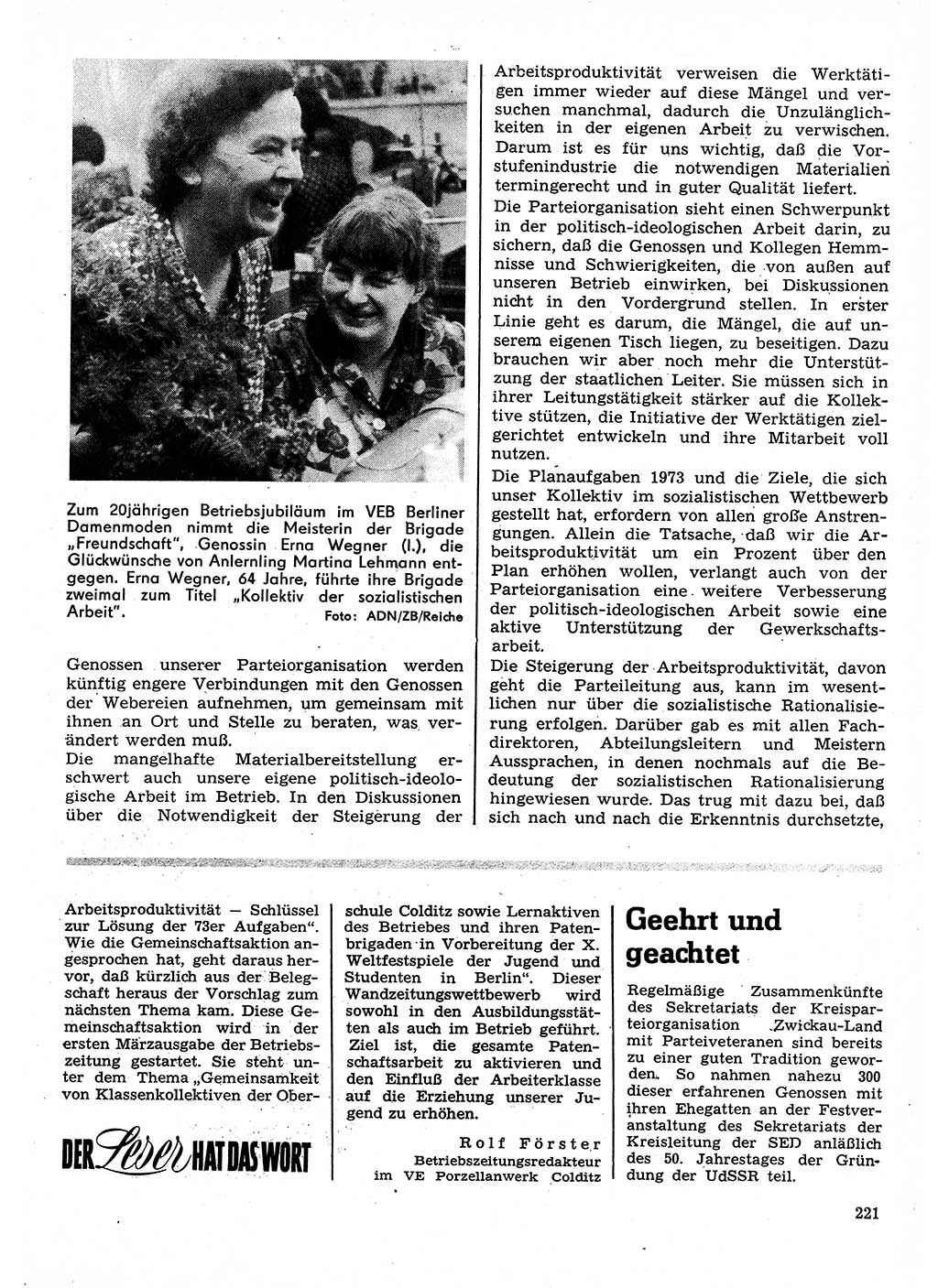 Neuer Weg (NW), Organ des Zentralkomitees (ZK) der SED (Sozialistische Einheitspartei Deutschlands) für Fragen des Parteilebens, 28. Jahrgang [Deutsche Demokratische Republik (DDR)] 1973, Seite 221 (NW ZK SED DDR 1973, S. 221)