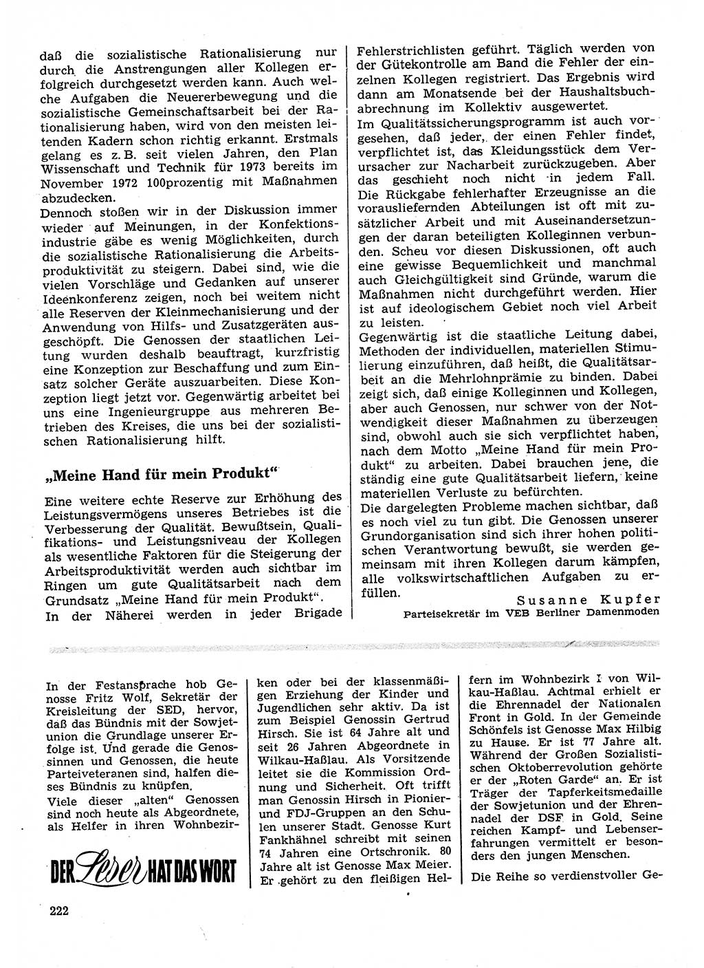 Neuer Weg (NW), Organ des Zentralkomitees (ZK) der SED (Sozialistische Einheitspartei Deutschlands) für Fragen des Parteilebens, 28. Jahrgang [Deutsche Demokratische Republik (DDR)] 1973, Seite 222 (NW ZK SED DDR 1973, S. 222)