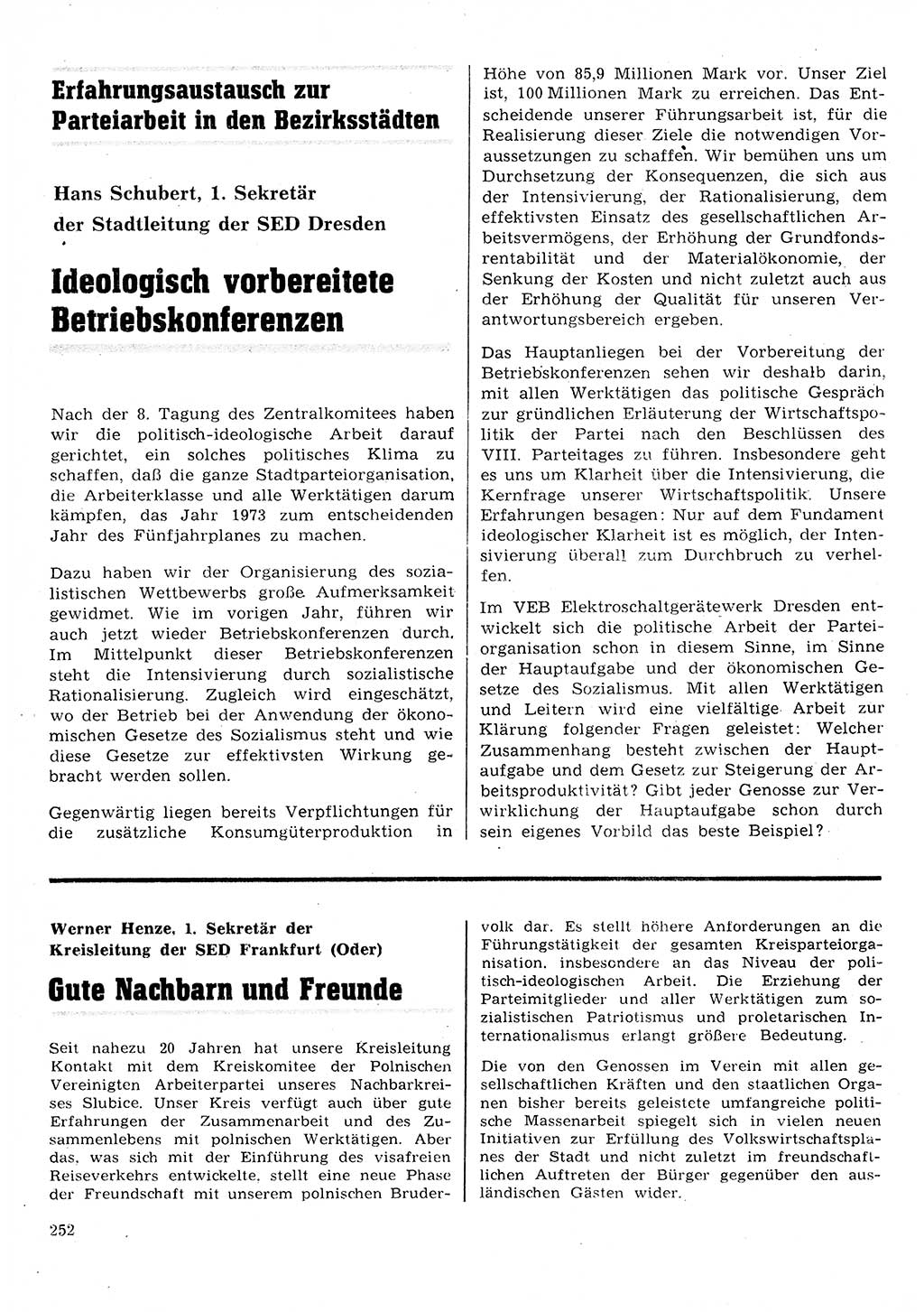 Neuer Weg (NW), Organ des Zentralkomitees (ZK) der SED (Sozialistische Einheitspartei Deutschlands) für Fragen des Parteilebens, 28. Jahrgang [Deutsche Demokratische Republik (DDR)] 1973, Seite 252 (NW ZK SED DDR 1973, S. 252)