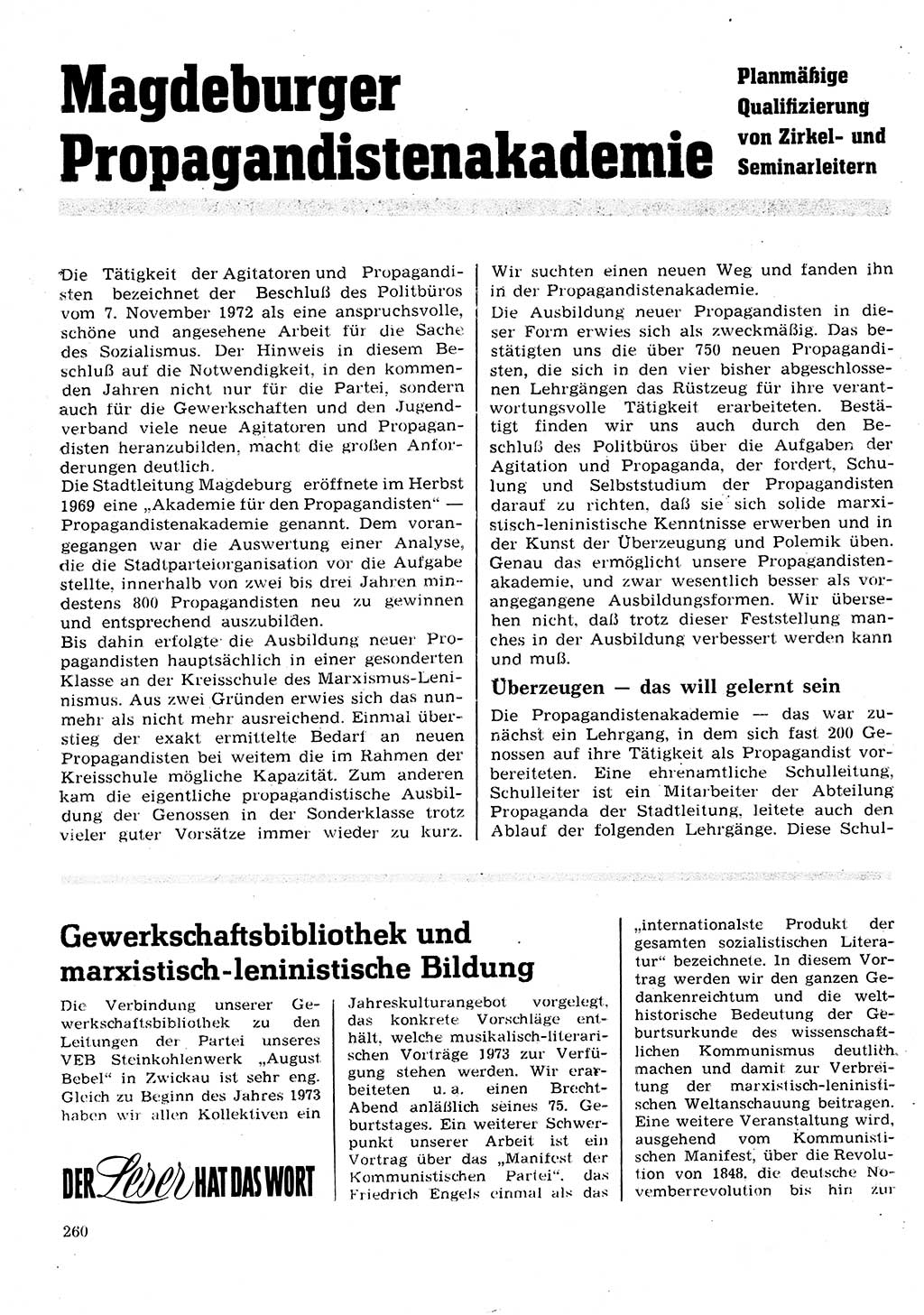 Neuer Weg (NW), Organ des Zentralkomitees (ZK) der SED (Sozialistische Einheitspartei Deutschlands) für Fragen des Parteilebens, 28. Jahrgang [Deutsche Demokratische Republik (DDR)] 1973, Seite 260 (NW ZK SED DDR 1973, S. 260)