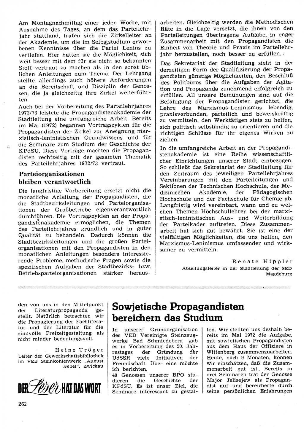 Neuer Weg (NW), Organ des Zentralkomitees (ZK) der SED (Sozialistische Einheitspartei Deutschlands) für Fragen des Parteilebens, 28. Jahrgang [Deutsche Demokratische Republik (DDR)] 1973, Seite 262 (NW ZK SED DDR 1973, S. 262)