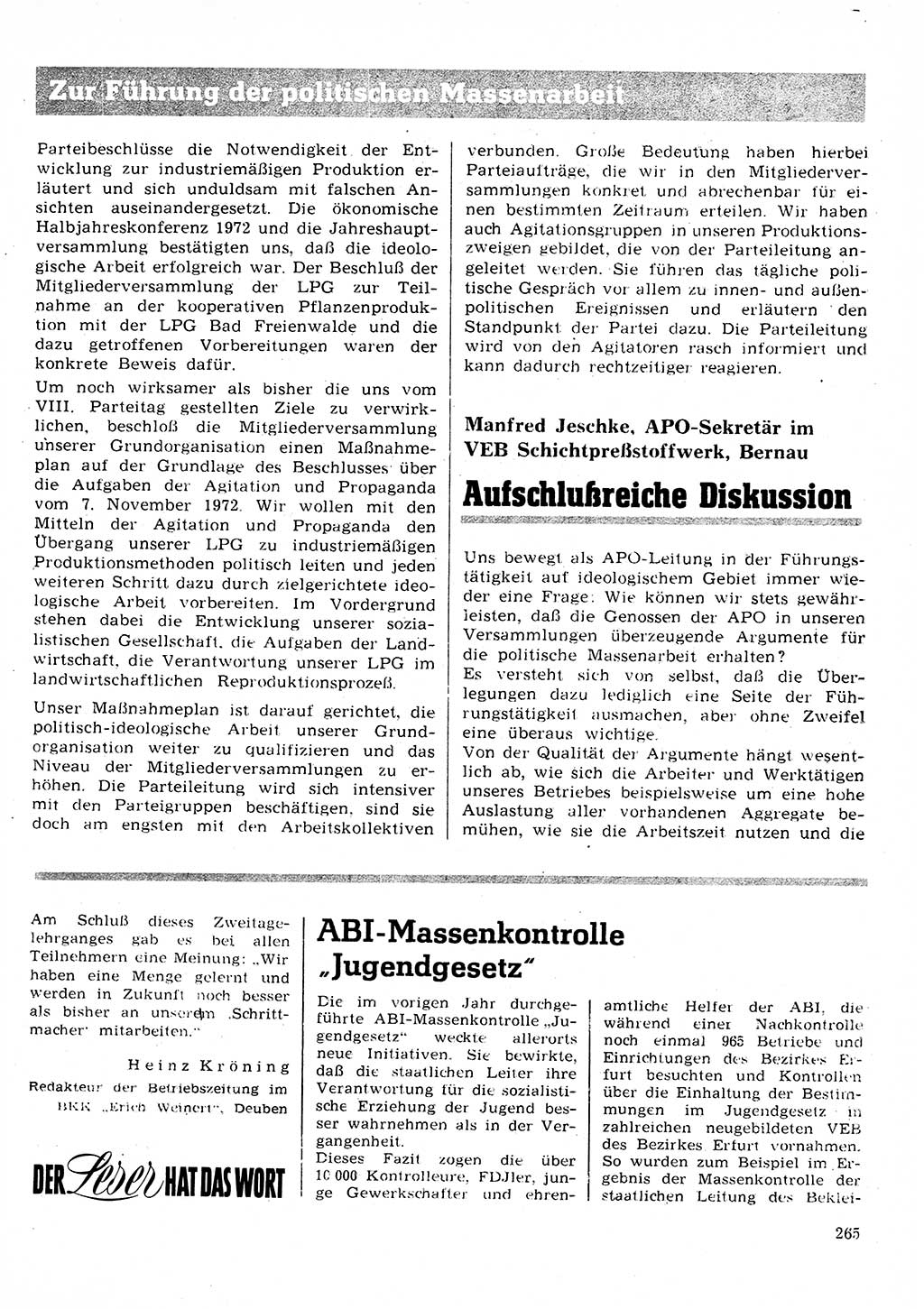 Neuer Weg (NW), Organ des Zentralkomitees (ZK) der SED (Sozialistische Einheitspartei Deutschlands) für Fragen des Parteilebens, 28. Jahrgang [Deutsche Demokratische Republik (DDR)] 1973, Seite 265 (NW ZK SED DDR 1973, S. 265)