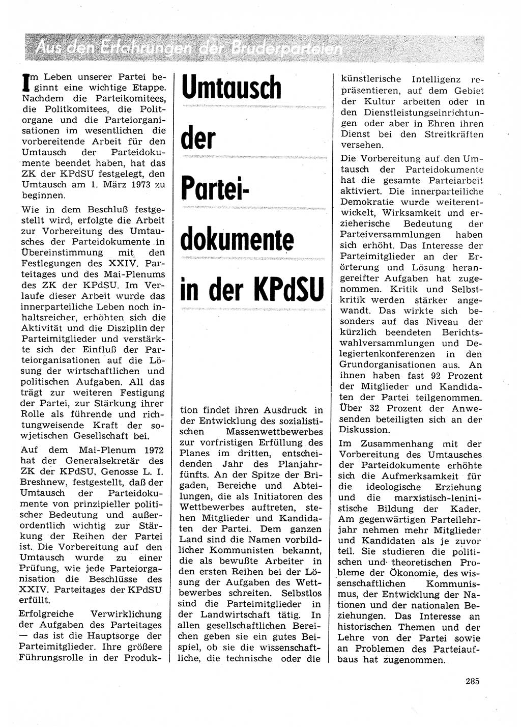 Neuer Weg (NW), Organ des Zentralkomitees (ZK) der SED (Sozialistische Einheitspartei Deutschlands) für Fragen des Parteilebens, 28. Jahrgang [Deutsche Demokratische Republik (DDR)] 1973, Seite 285 (NW ZK SED DDR 1973, S. 285)