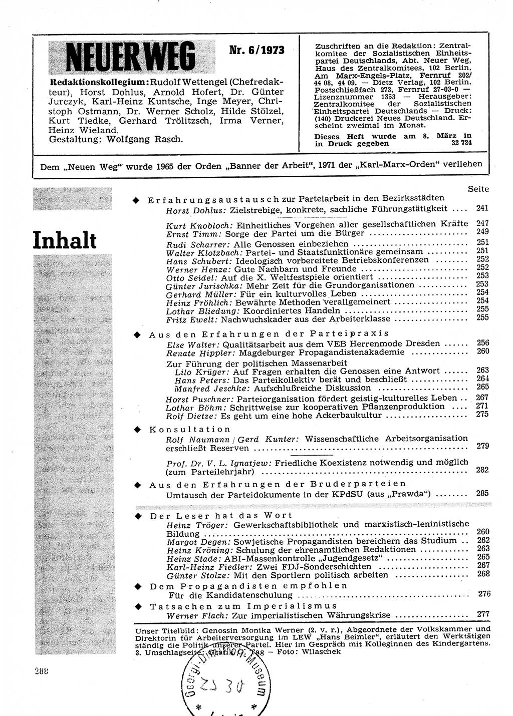 Neuer Weg (NW), Organ des Zentralkomitees (ZK) der SED (Sozialistische Einheitspartei Deutschlands) für Fragen des Parteilebens, 28. Jahrgang [Deutsche Demokratische Republik (DDR)] 1973, Seite 288 (NW ZK SED DDR 1973, S. 288)