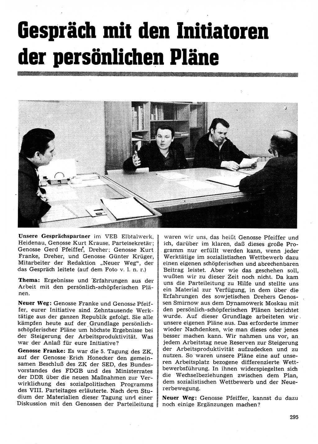 Neuer Weg (NW), Organ des Zentralkomitees (ZK) der SED (Sozialistische Einheitspartei Deutschlands) für Fragen des Parteilebens, 28. Jahrgang [Deutsche Demokratische Republik (DDR)] 1973, Seite 295 (NW ZK SED DDR 1973, S. 295)