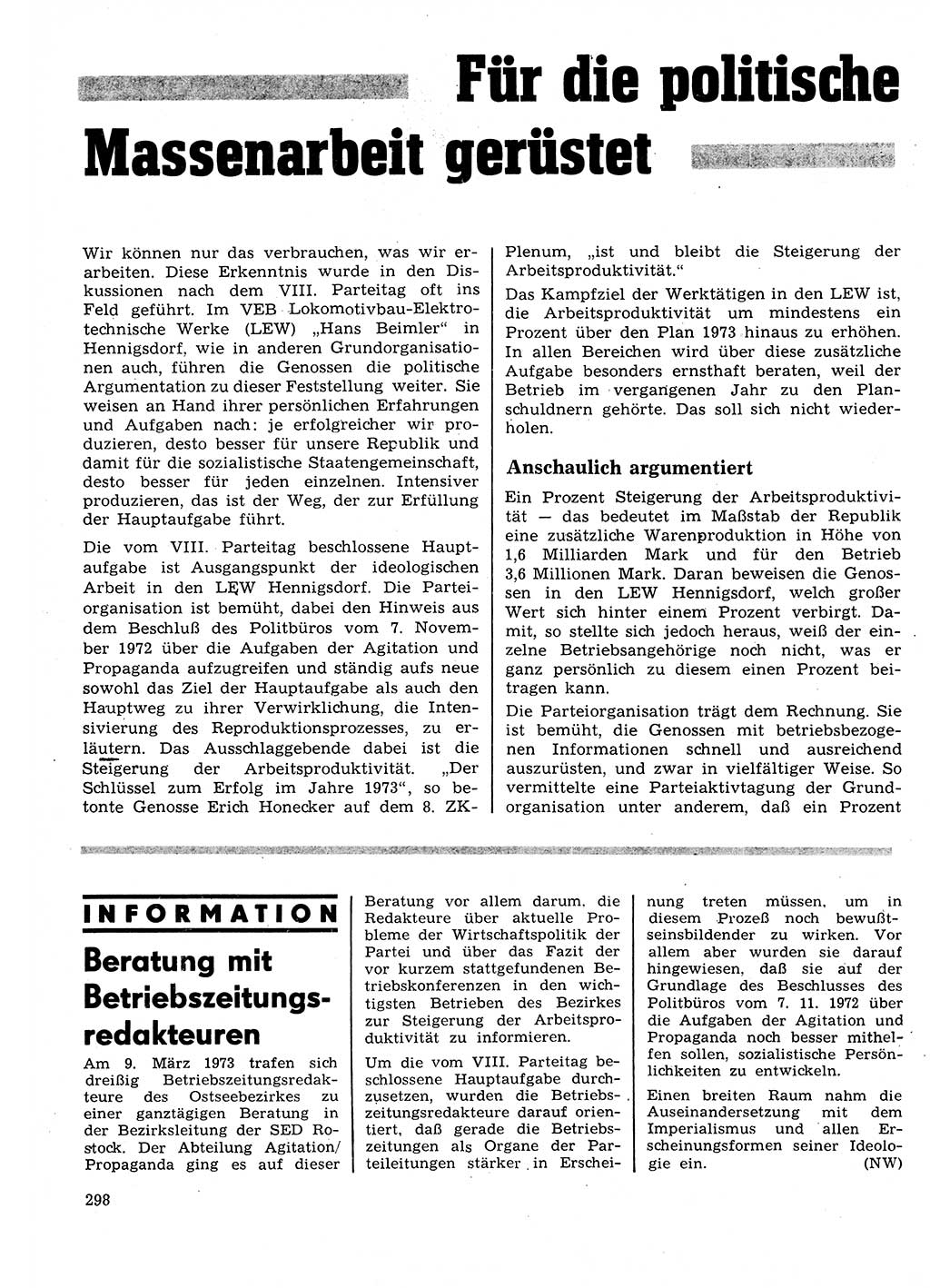 Neuer Weg (NW), Organ des Zentralkomitees (ZK) der SED (Sozialistische Einheitspartei Deutschlands) fÃ¼r Fragen des Parteilebens, 28. Jahrgang [Deutsche Demokratische Republik (DDR)] 1973, Seite 298 (NW ZK SED DDR 1973, S. 298)