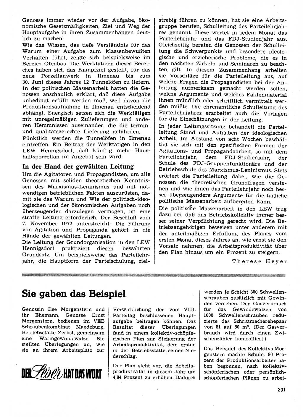 Neuer Weg (NW), Organ des Zentralkomitees (ZK) der SED (Sozialistische Einheitspartei Deutschlands) für Fragen des Parteilebens, 28. Jahrgang [Deutsche Demokratische Republik (DDR)] 1973, Seite 301 (NW ZK SED DDR 1973, S. 301)