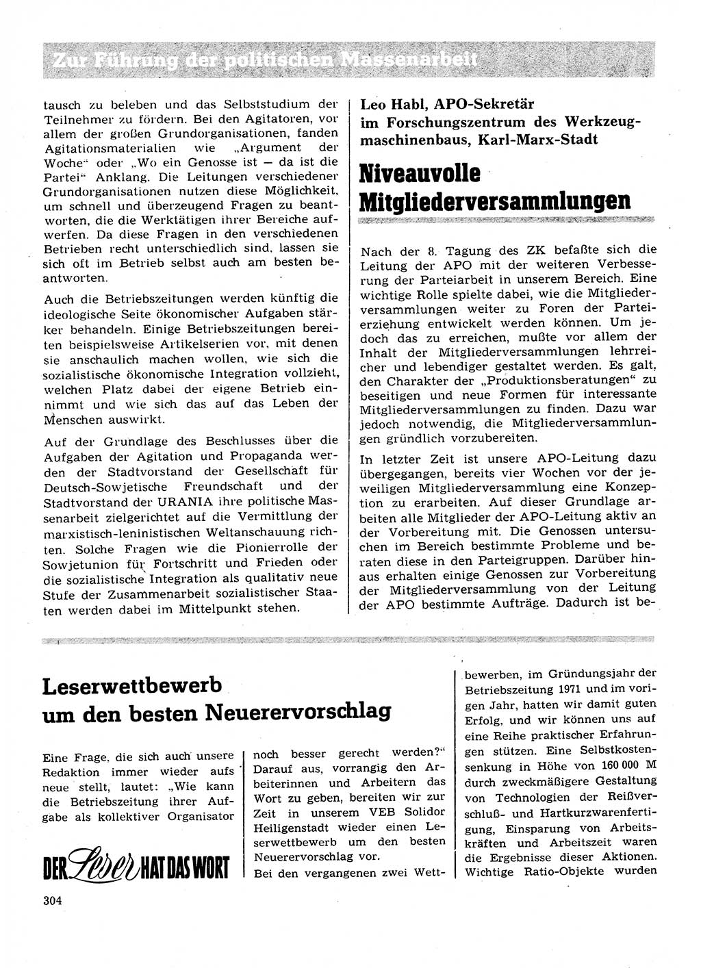Neuer Weg (NW), Organ des Zentralkomitees (ZK) der SED (Sozialistische Einheitspartei Deutschlands) für Fragen des Parteilebens, 28. Jahrgang [Deutsche Demokratische Republik (DDR)] 1973, Seite 304 (NW ZK SED DDR 1973, S. 304)