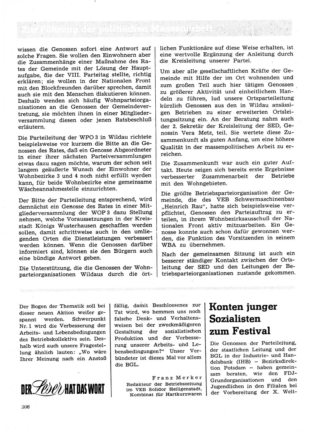 Neuer Weg (NW), Organ des Zentralkomitees (ZK) der SED (Sozialistische Einheitspartei Deutschlands) für Fragen des Parteilebens, 28. Jahrgang [Deutsche Demokratische Republik (DDR)] 1973, Seite 306 (NW ZK SED DDR 1973, S. 306)