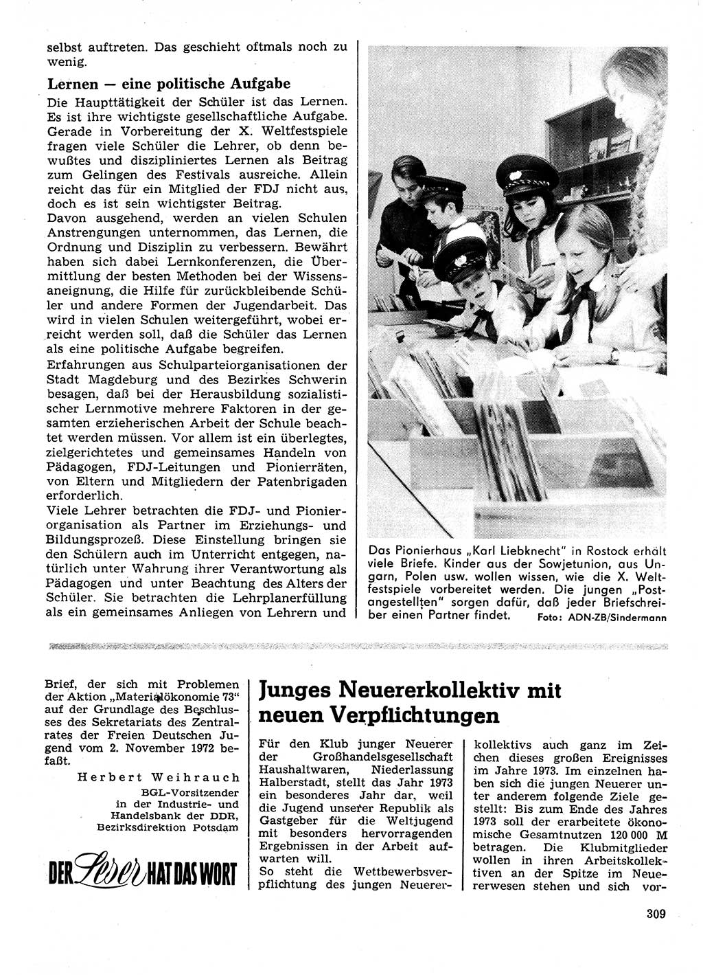 Neuer Weg (NW), Organ des Zentralkomitees (ZK) der SED (Sozialistische Einheitspartei Deutschlands) für Fragen des Parteilebens, 28. Jahrgang [Deutsche Demokratische Republik (DDR)] 1973, Seite 309 (NW ZK SED DDR 1973, S. 309)