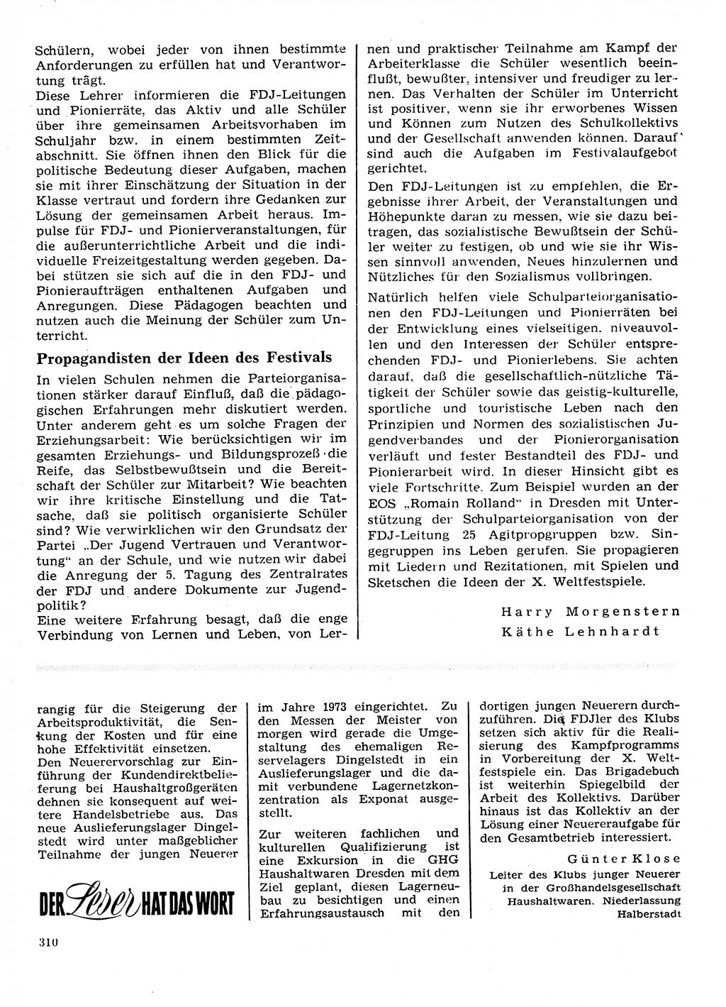 Neuer Weg (NW), Organ des Zentralkomitees (ZK) der SED (Sozialistische Einheitspartei Deutschlands) für Fragen des Parteilebens, 28. Jahrgang [Deutsche Demokratische Republik (DDR)] 1973, Seite 310 (NW ZK SED DDR 1973, S. 310)