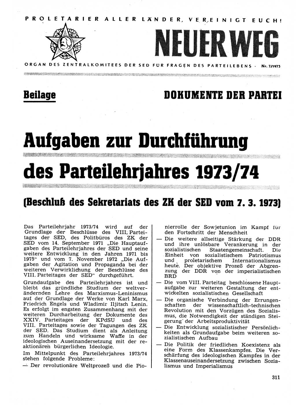 Neuer Weg (NW), Organ des Zentralkomitees (ZK) der SED (Sozialistische Einheitspartei Deutschlands) für Fragen des Parteilebens, 28. Jahrgang [Deutsche Demokratische Republik (DDR)] 1973, Seite 311 (NW ZK SED DDR 1973, S. 311)