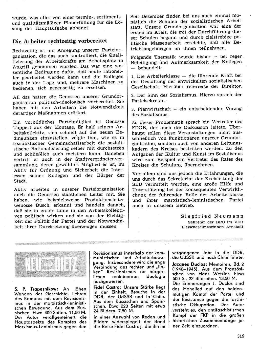 Neuer Weg (NW), Organ des Zentralkomitees (ZK) der SED (Sozialistische Einheitspartei Deutschlands) für Fragen des Parteilebens, 28. Jahrgang [Deutsche Demokratische Republik (DDR)] 1973, Seite 319 (NW ZK SED DDR 1973, S. 319)