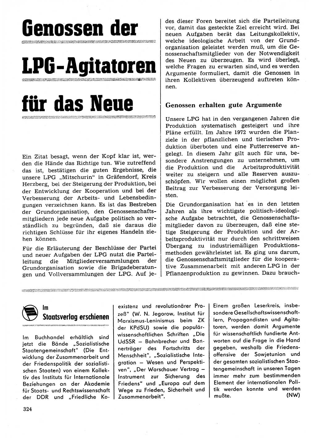 Neuer Weg (NW), Organ des Zentralkomitees (ZK) der SED (Sozialistische Einheitspartei Deutschlands) für Fragen des Parteilebens, 28. Jahrgang [Deutsche Demokratische Republik (DDR)] 1973, Seite 324 (NW ZK SED DDR 1973, S. 324)