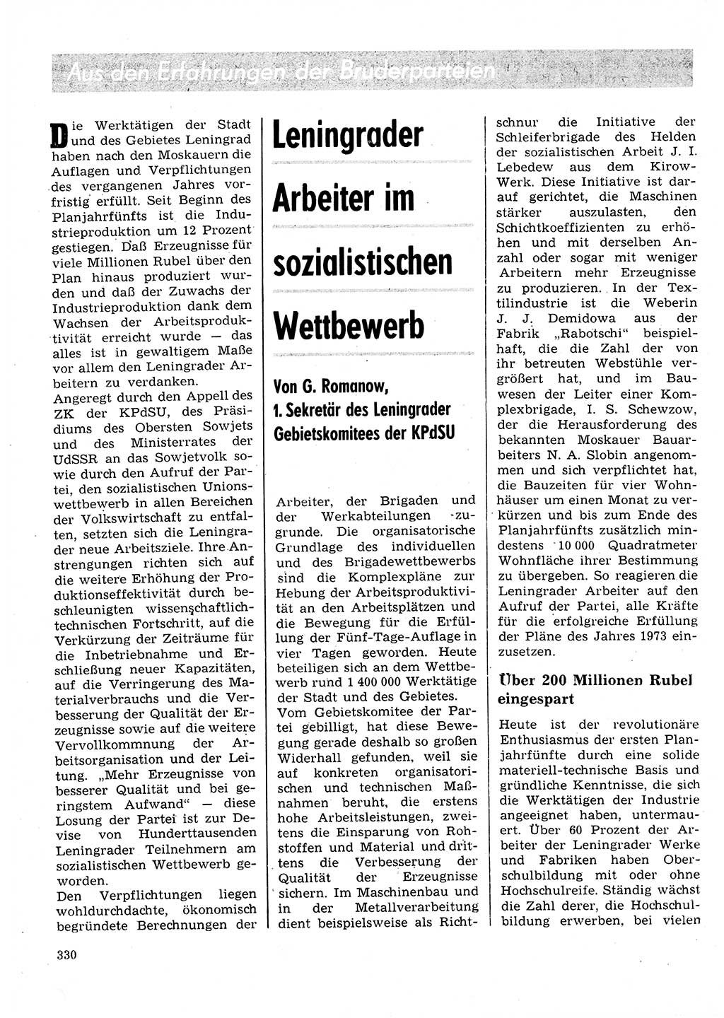 Neuer Weg (NW), Organ des Zentralkomitees (ZK) der SED (Sozialistische Einheitspartei Deutschlands) für Fragen des Parteilebens, 28. Jahrgang [Deutsche Demokratische Republik (DDR)] 1973, Seite 330 (NW ZK SED DDR 1973, S. 330)
