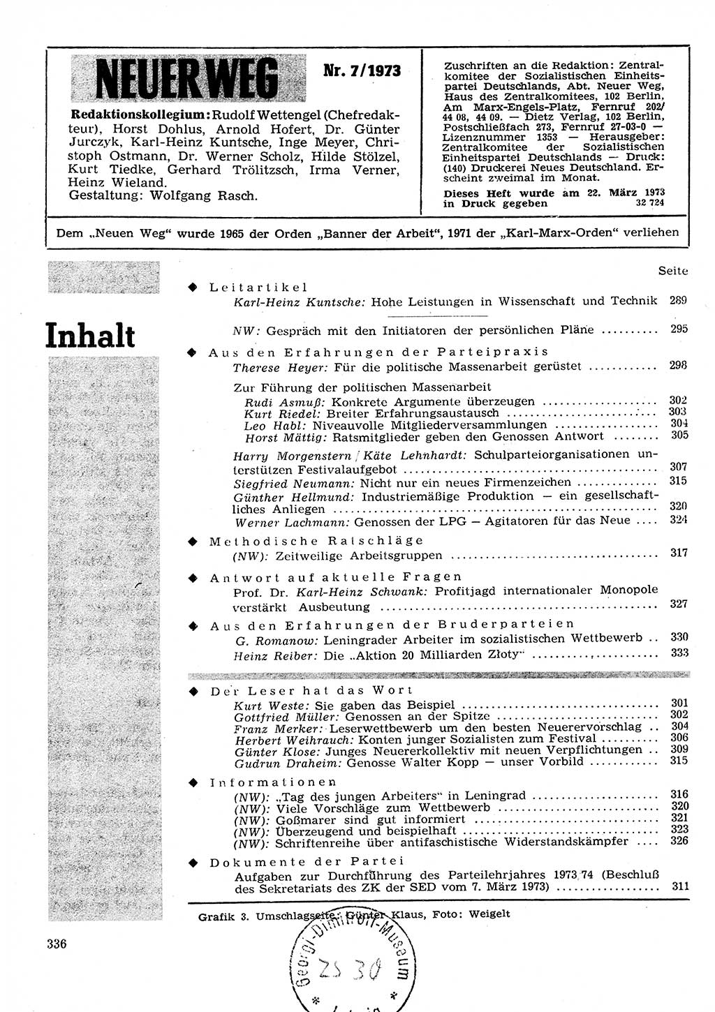 Neuer Weg (NW), Organ des Zentralkomitees (ZK) der SED (Sozialistische Einheitspartei Deutschlands) für Fragen des Parteilebens, 28. Jahrgang [Deutsche Demokratische Republik (DDR)] 1973, Seite 336 (NW ZK SED DDR 1973, S. 336)